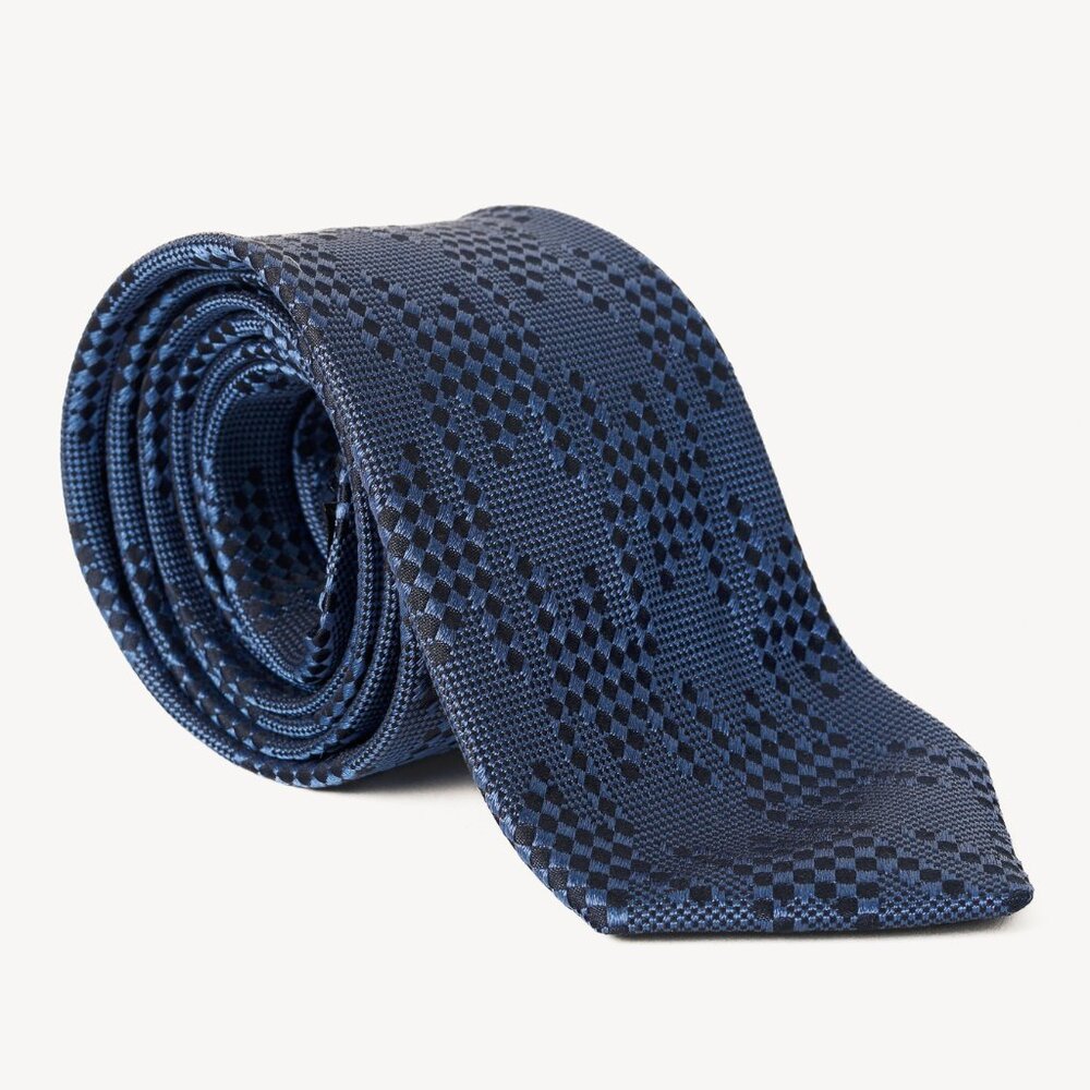 Etro Blue and Navy Abstract Check Textured Silk Necktie